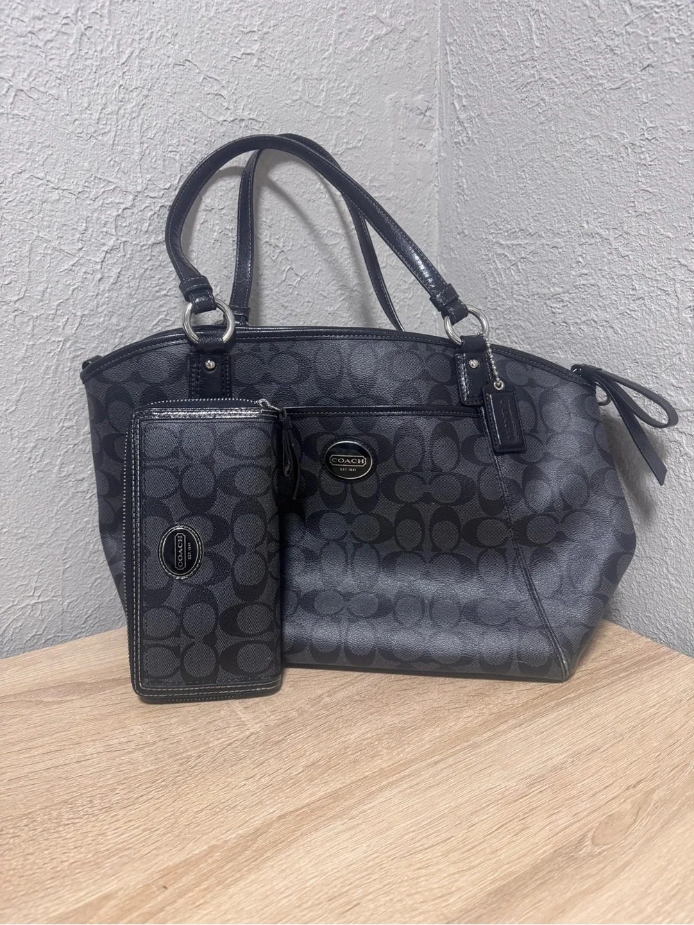 Coach Charcoal Signature Tote with Matching Wallet
